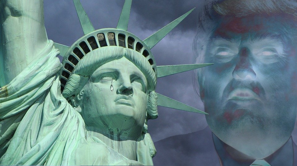 Statue of Liberty crying.