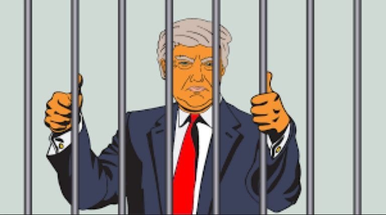 Illustration with Donald Trump behind bars.