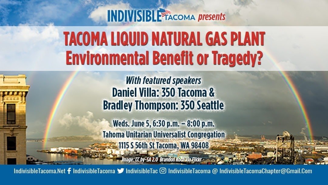 Image for general meeting on the Tacoma Liquid Natural Gas Plant. Photo of rainbow over Port of Tacoma and tidal flats.