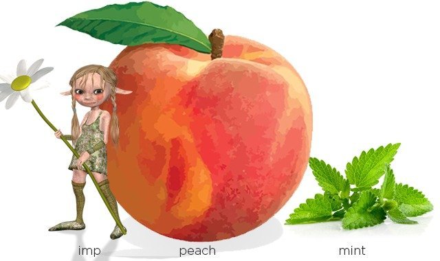 Composite image with an imp, peach, and some mint.