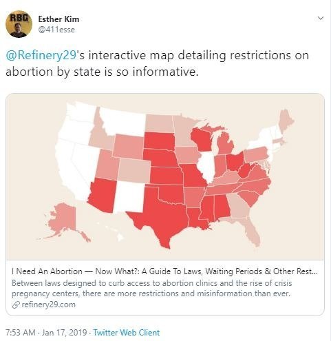 Map of Abortion Laws - Screen shot from Twitter and link to interactive map from Refinery 29.